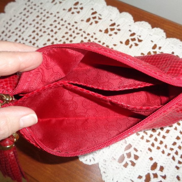 Michael Kors Clutch Evening Bag Cosmetic Case Make Up Pouch Red Snakeskin Look - Picture 10 of 12